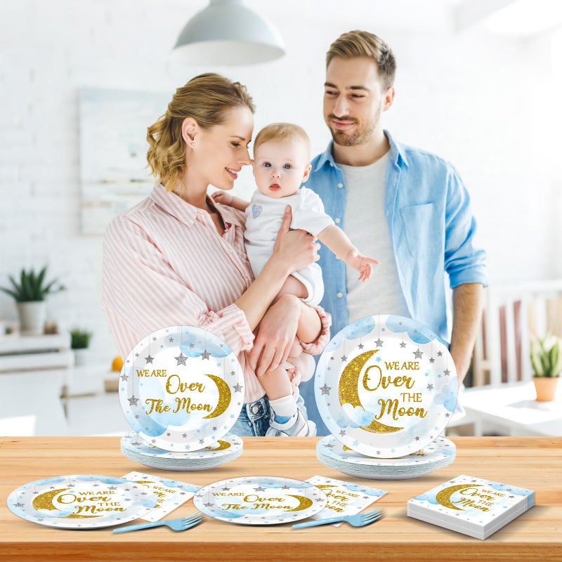 Oitnlaughter 96Pcs Moon and Stars Party Paper Plates and Napkins Blue Moon Celestial Baby Shower Party Supplies Tableware Gender Reveal Little Star Birthday Disposable Plates for Birthday Gatherings Decorations - Image 5