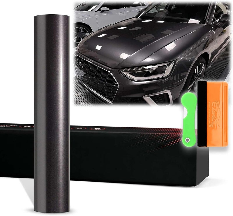 EZAUTO WRAP 12"x60" (قدم واحد × 5 أقدام) فيلم تغليف سيارات ذاتي اللصق من الفينيل فائق اللمعان المعدني باللون الرمادي كرونوس PET، تقنية إزالة الهواء الخالية من الفقاعات مع مجموعة الأدوات - Image 1