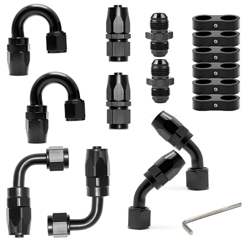 LEDAUT 6AN Swivel Fuel Hose End Fitting Kit  Straight 45 90 180 Fittings  Hose Separator Clamps  Aluminum Black