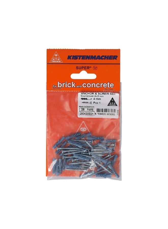 Super 25-Pair Anchor and Screw Set Grey and Silver 4 x 20 mm 280420EGK
