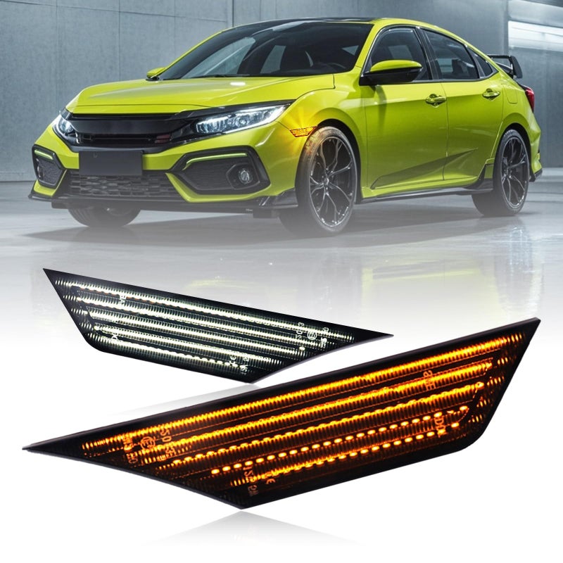 أضواء علامة جانبية LED Nrgedzam لسيارة هوندا سيفيك 2016-2020 إشارات الانعطاف الأمامية علامات جانبية سيفيك الجيل العاشر أضواء جانبية متسلسلة برتقالية/بيضاء 2PCS