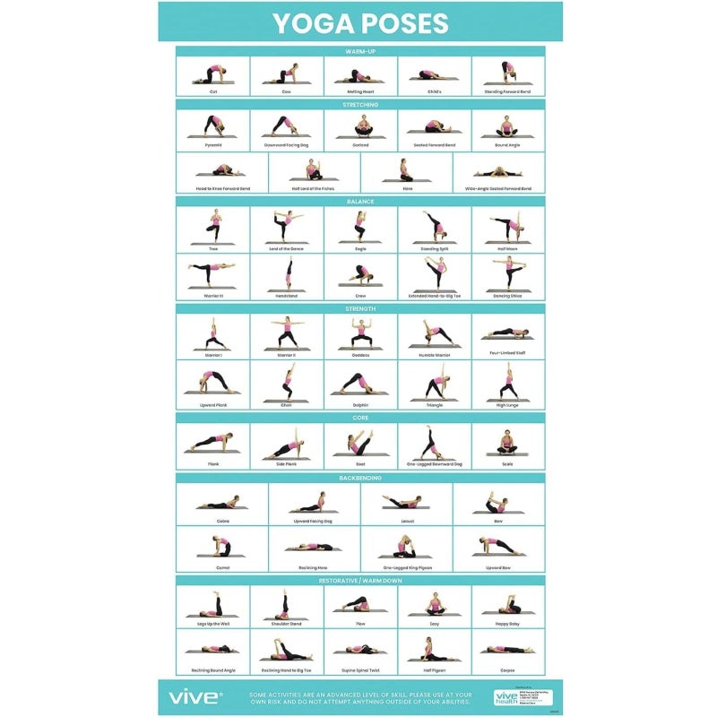 Vive Yoga Poster - Poses for Beginners and Experts - Mat Exercise Home Gym Workout Accessories Set- Double Sided Laminated Flow Chart Accessory - Instructional Guided Routine - for Women, Men - Image 1