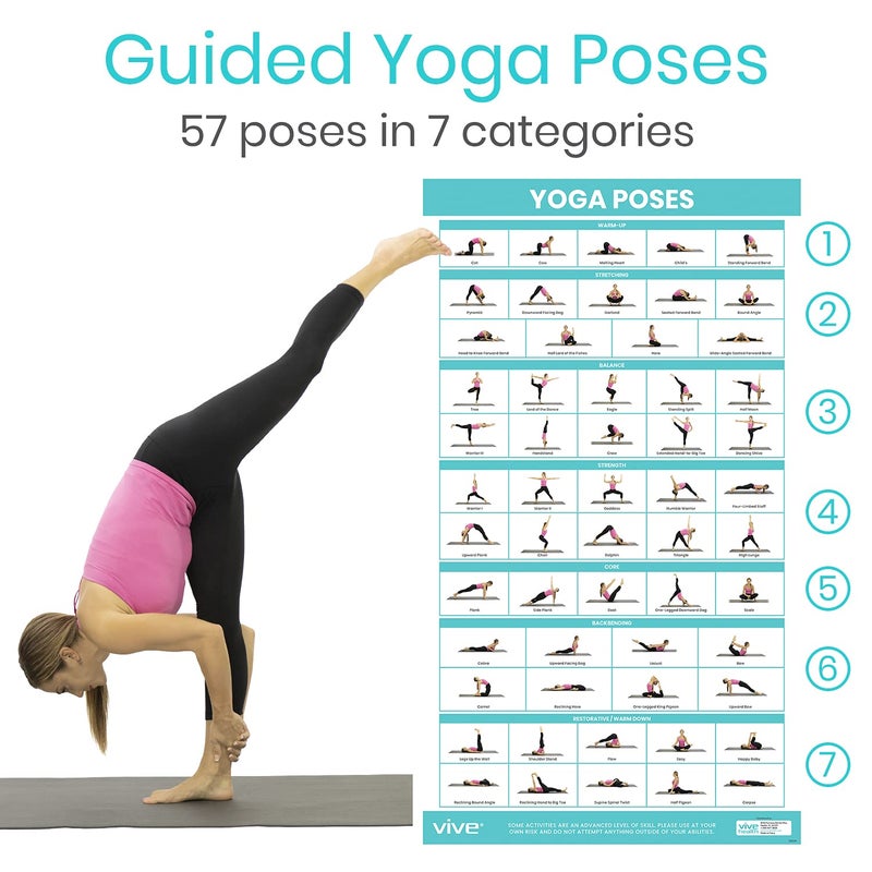 Vive Yoga Poster - Poses for Beginners and Experts - Mat Exercise Home Gym Workout Accessories Set- Double Sided Laminated Flow Chart Accessory - Instructional Guided Routine - for Women, Men - Image 2