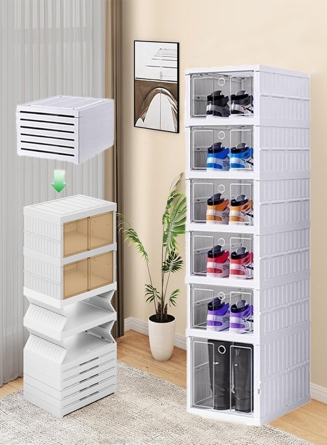 XiuWoo 6 Tier Plastic Foldable Shoe Cabinet Plastic Shoes Box with Translucent Doors Foldable Storage Box  Portable Modular Shoe Storage Organizer Shoes Rack Organizer for Closet Plastic White - Image 2