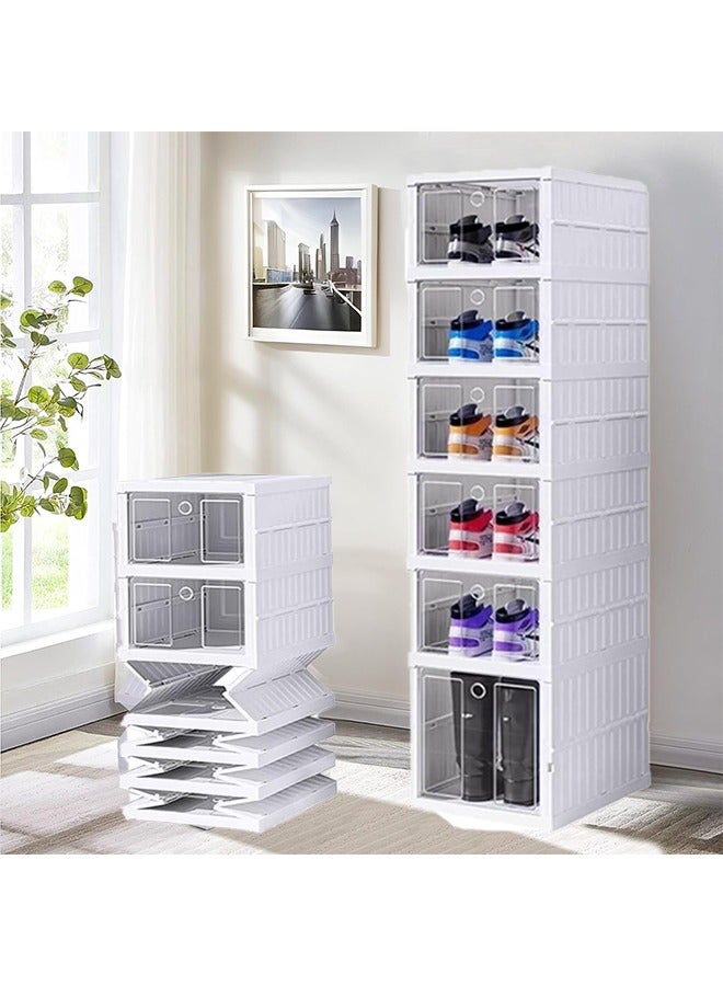 XiuWoo 6 Tier Plastic Foldable Shoe Cabinet Plastic Shoes Box with Translucent Doors Foldable Storage Box  Portable Modular Shoe Storage Organizer Shoes Rack Organizer for Closet Plastic White - Image 1
