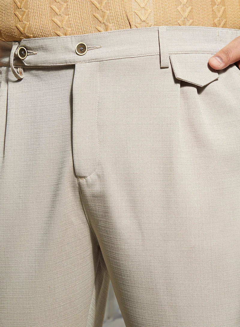 Instafab Plus Instafab Plus Men's Khaki Beige Tailored Linen-Blend Trousers For Casual Wear | Mid-Rise | Regular Fit | Button Closure | Plus Size Trousers Crafted With Comfort Fit For Everyday Wear