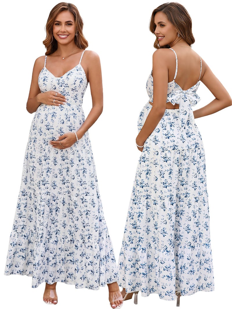 HTZMO Maternity Floral Summer Maxi Dress Bow Tie V Neck Baby Shower Photoshoot Casual Boho Long Sundress for Women Blue Floral M - Image 1