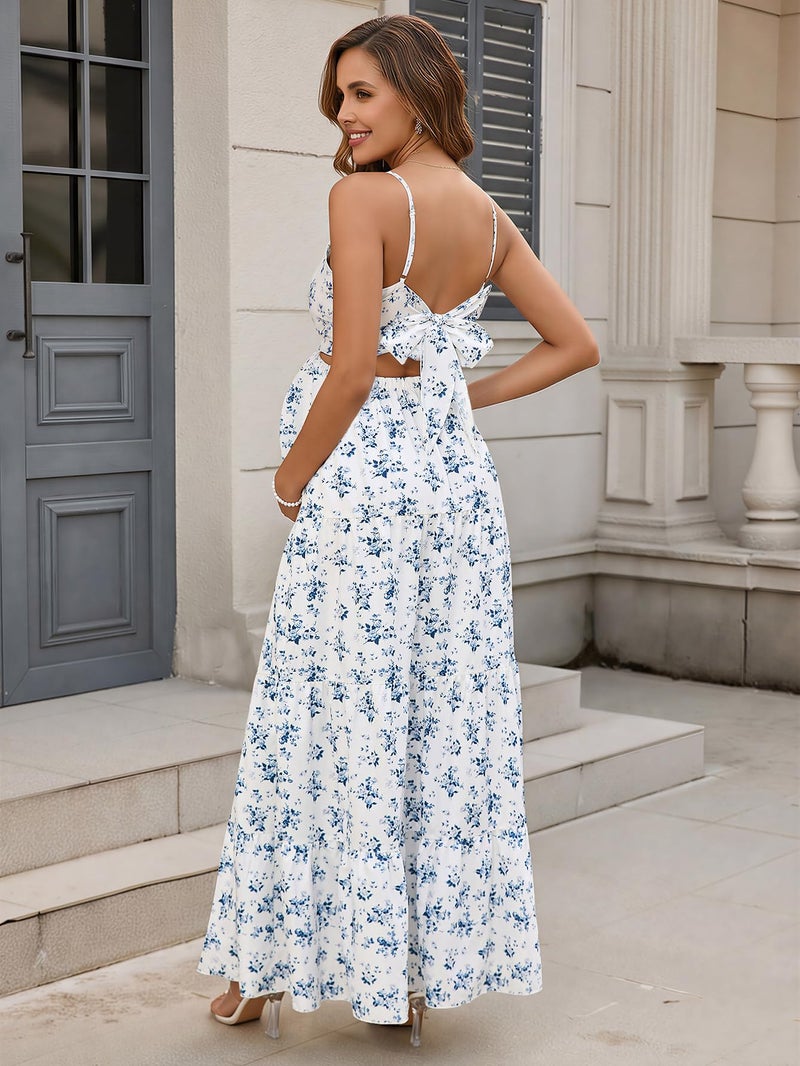 HTZMO Maternity Floral Summer Maxi Dress Bow Tie V Neck Baby Shower Photoshoot Casual Boho Long Sundress for Women Blue Floral M - Image 5