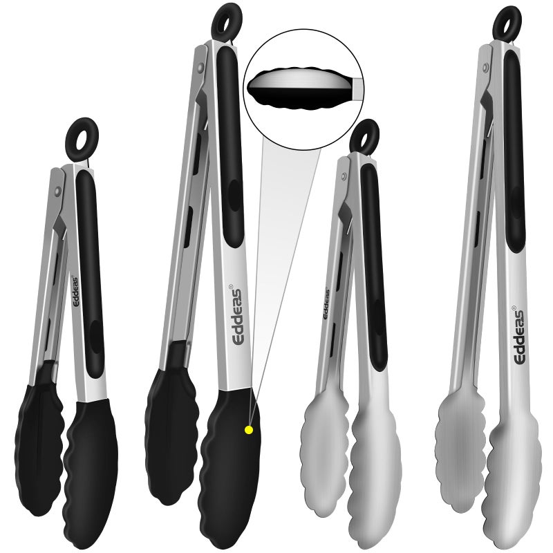 Eddeas 4 Pack Tongs For Cooking, Heat Resistant 600 Degrees 9",12" Stainless Steel Locking Metal Tong & 9",12" Kitchen Tongs with Silicone Tips, Non-Slip Food Silicone Tong, Heavy Duty, Non-Stick - Image 1