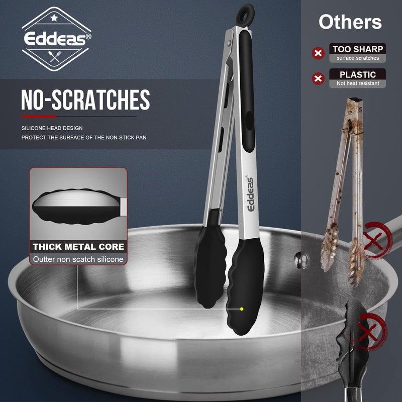 Eddeas 4 Pack Tongs For Cooking, Heat Resistant 600 Degrees 9",12" Stainless Steel Locking Metal Tong & 9",12" Kitchen Tongs with Silicone Tips, Non-Slip Food Silicone Tong, Heavy Duty, Non-Stick - Image 4