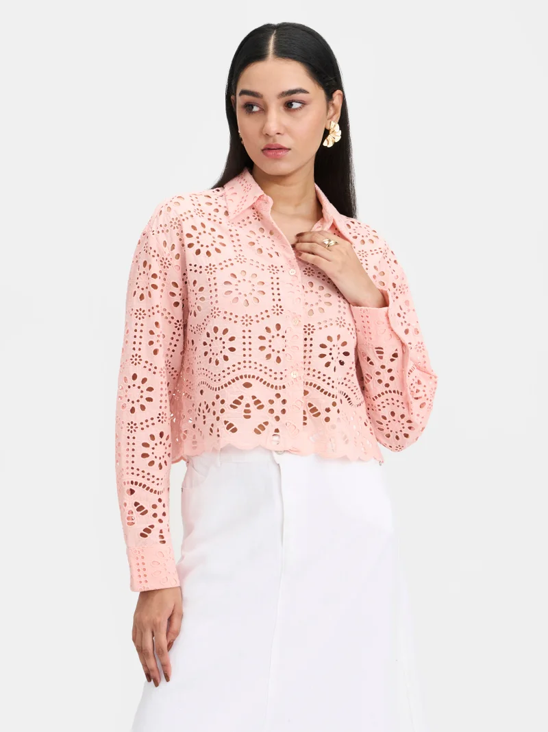 فيرجيو Embroidered Cotton Schiffli Boxy Shirt for Women