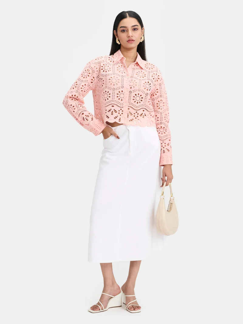 Virgio Embroidered Cotton Schiffli Boxy Shirt for Women