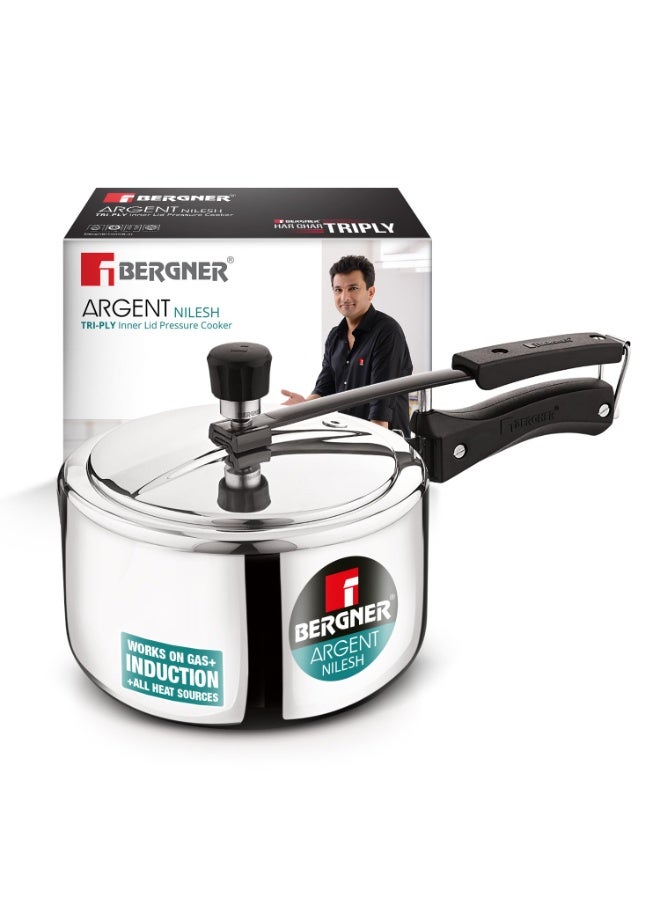 Bergner Argent Triply Stainless Steel 1.5 Liters Inner Lid Pressure Cooker, Mini Cooker with Rivetless Technology, 2.5mm Body Thickness, Healthy Cooking, Durable - Induction Bottom and Gas Stove Ready