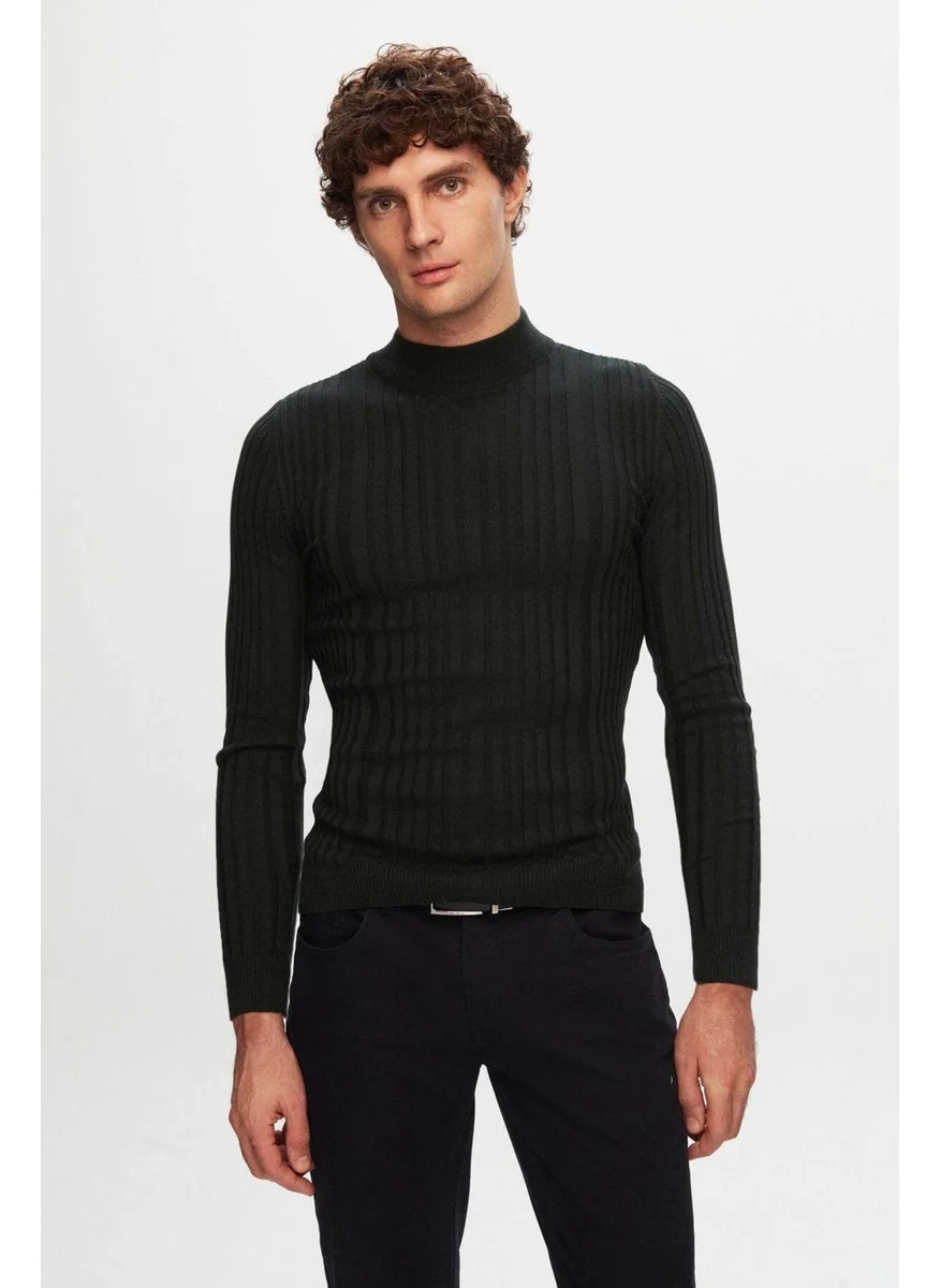 دي أس دامات Slim Fit Khaki Corduroy Cotton Blend Half Turtleneck Slim Fit Body-hugging Knitwear Sweater 5HF06ORT64100