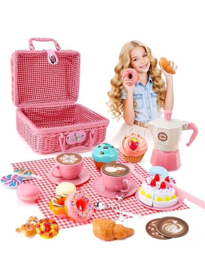 LBMT ألعاب طعام المطبخ التظاهرية مع سلة منسوجة،لعبة شاي بعد الظهر التظاهرية،مجموعات طعام اللعب للأطفال،مجموعة حفلات شاي بعد الظهر الصغيرة،لعبة ألعاب شاي الحفلات الهدايا للأطفال الصغار من سن 3 إلى 12 عامًا (وردي) - Image 1