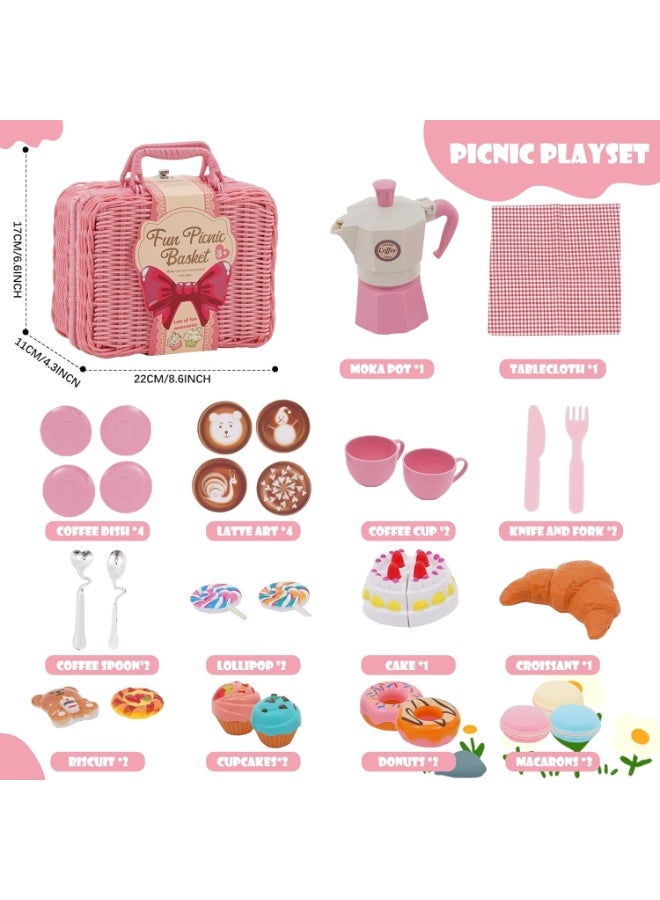 LBMT ألعاب طعام المطبخ التظاهرية مع سلة منسوجة،لعبة شاي بعد الظهر التظاهرية،مجموعات طعام اللعب للأطفال،مجموعة حفلات شاي بعد الظهر الصغيرة،لعبة ألعاب شاي الحفلات الهدايا للأطفال الصغار من سن 3 إلى 12 عامًا (وردي) - Image 2