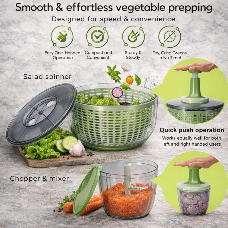 Brieftons Salad Spinner and Chopper: Large 6-Litre Lettuce Greens Vegetable Washer Dryer, with Bonus 0.9-Litre Veggie Chopper Mixer, Compact Storage, Easy Push Operation for Quick Veggie Prepping - Image 2