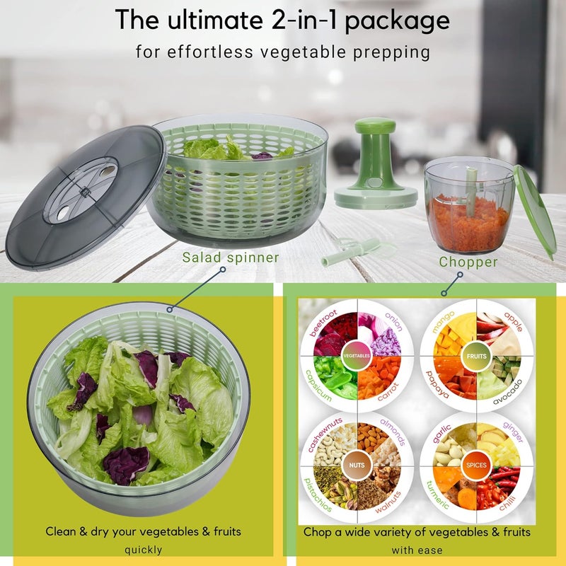 Brieftons Salad Spinner and Chopper: Large 6-Litre Lettuce Greens Vegetable Washer Dryer, with Bonus 0.9-Litre Veggie Chopper Mixer, Compact Storage, Easy Push Operation for Quick Veggie Prepping - Image 5
