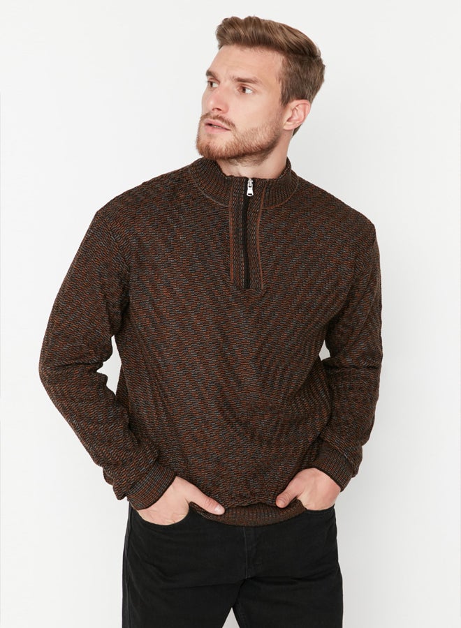 trendyol Brown Slim Fit Slim Cut Half Turtleneck Zippered Knitwear Sweater - Image 2