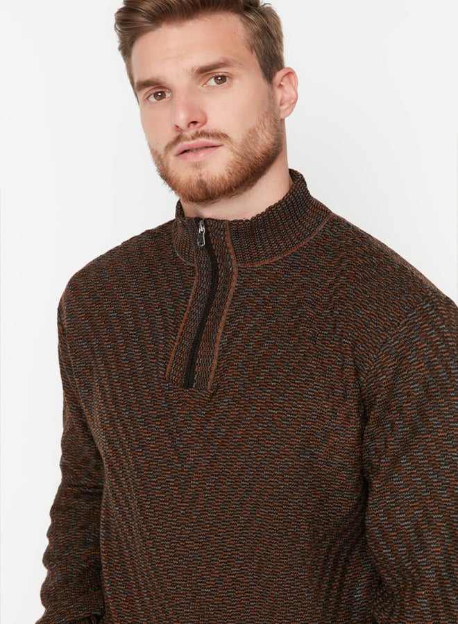 trendyol Brown Slim Fit Slim Cut Half Turtleneck Zippered Knitwear Sweater - Image 4