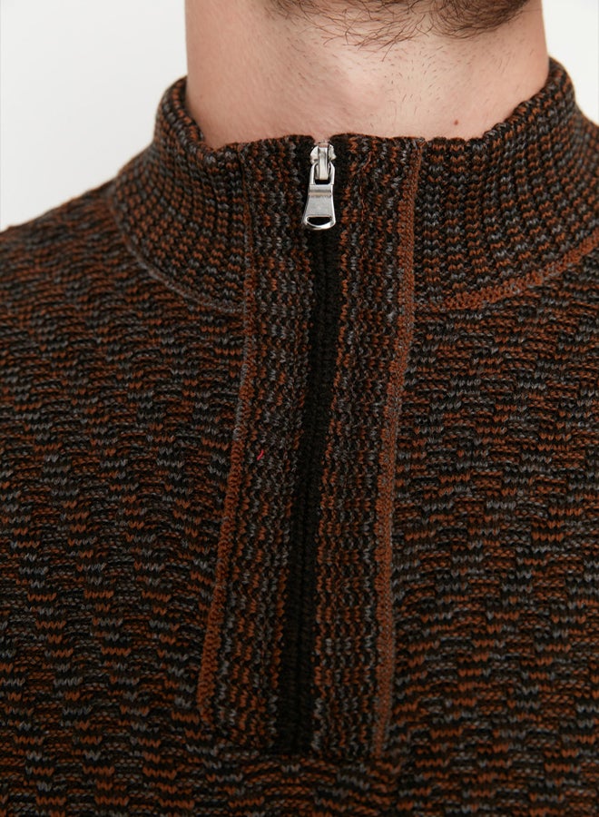 trendyol Brown Slim Fit Slim Cut Half Turtleneck Zippered Knitwear Sweater - Image 3
