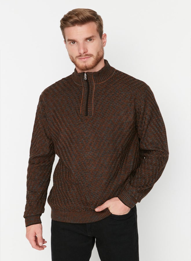 trendyol Brown Slim Fit Slim Cut Half Turtleneck Zippered Knitwear Sweater - Image 1