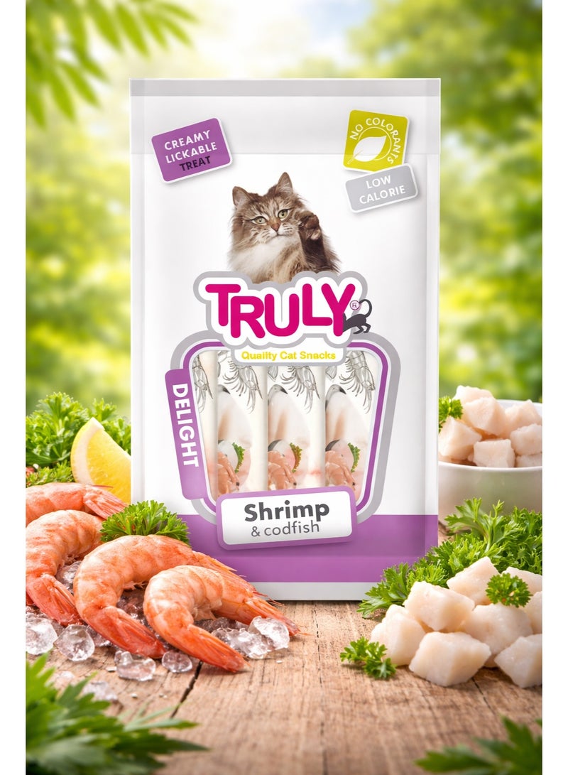 مكافآت كريمية للقطط قابلة للحس – نكهة الروبيان والسمك القد – سعرات حرارية منخفضة وبدون ملونات – 70 جم (5 أنابيب × 14 جم)