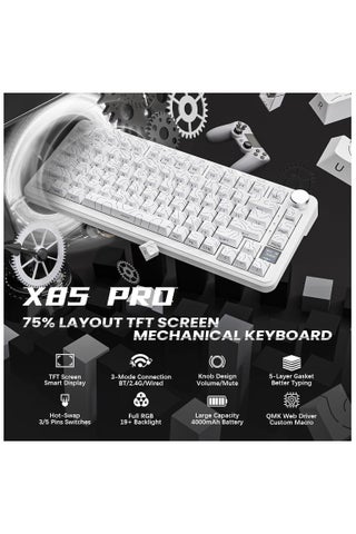لوحة مفاتيح الألعاب الميكانيكية اللاسلكية ATTACK SHARK X85Pro – قابلة للتبديل الساخن – تصميم مضغوط 75% – شاشة TFT ذكية مع مقبض معدني – اتصال ثلاثي (بلوتوث 5.1، لاسلكي 2.4GHz، سلكي USB-C) – إضاءة RGB – هيكل Gasket Mount – أغطية مفاتيح PBT – متوافقة مع الكمبيوتر، اللابتوب، ماك (محيط أبيض) - view 2