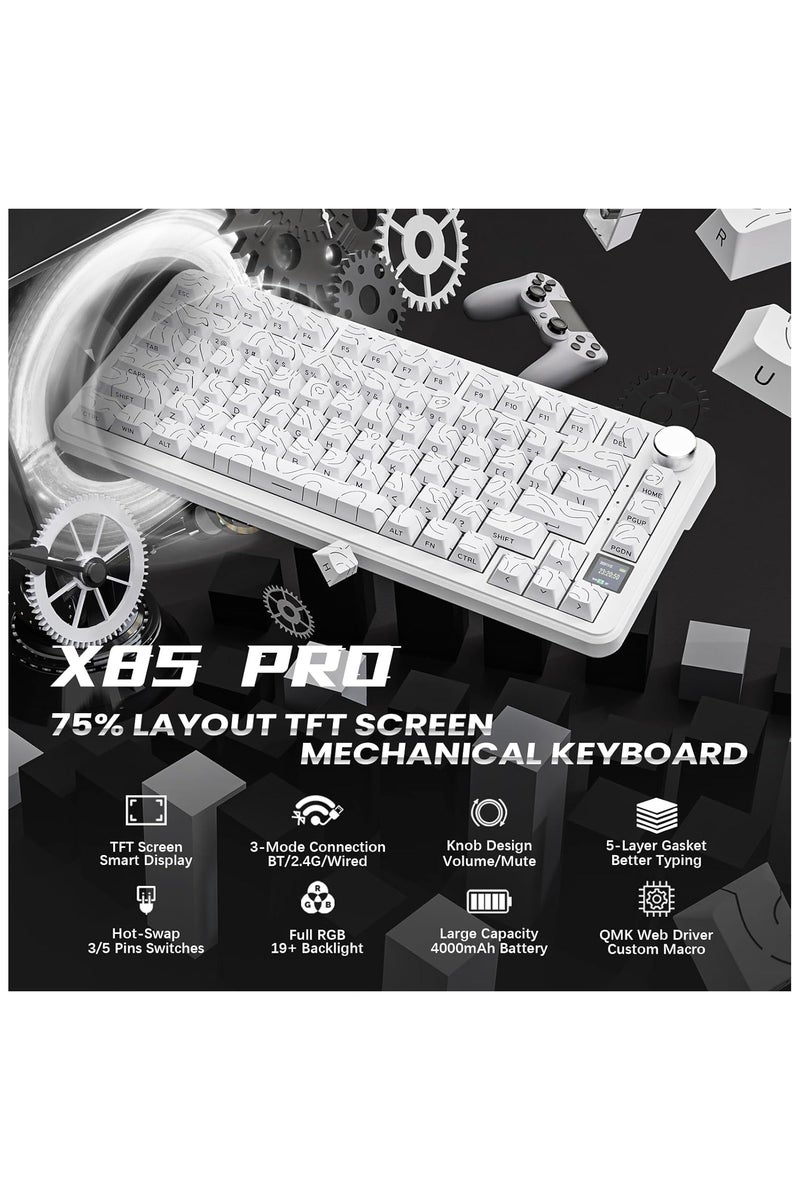 ATTACK SHARK X85Pro Wireless Mechanical Gaming Keyboard – Hot-Swappable – 75% Compact Layout – Smart TFT Display & Metal Knob – Tri-Mode Connection (Bluetooth 5.1, 2.4GHz, USB-C) – RGB Backlight – Gasket Mount – PBT Keycaps – PC Laptop Mac Compatible (White Contour) - Image 2