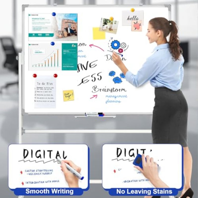 Mobile Whiteboard 1pc, Office/Classroom/Home Use, Steel Surface Magnetic Double-Sided Board on Casters, Smooth Writing Erasing, White, Easy Mobility Height Adjustment - Image 2