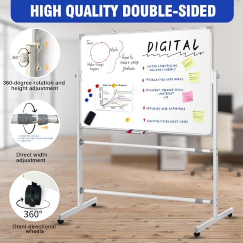 Mobile Whiteboard 1pc, Office/Classroom/Home Use, Steel Surface Magnetic Double-Sided Board on Casters, Smooth Writing Erasing, White, Easy Mobility Height Adjustment - Image 3