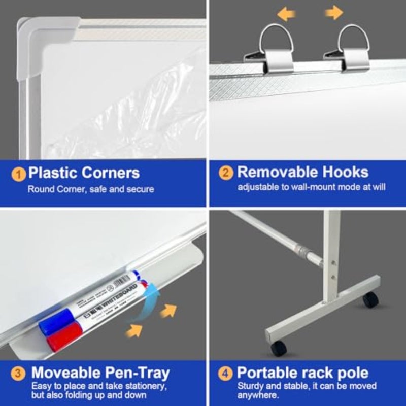 Mobile Whiteboard 1pc, Office/Classroom/Home Use, Steel Surface Magnetic Double-Sided Board on Casters, Smooth Writing Erasing, White, Easy Mobility Height Adjustment - Image 5