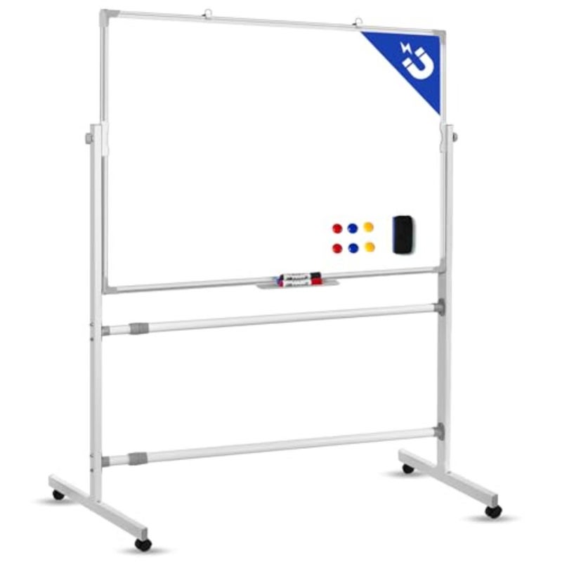 Mobile Whiteboard 1pc, Office/Classroom/Home Use, Steel Surface Magnetic Double-Sided Board on Casters, Smooth Writing Erasing, White, Easy Mobility Height Adjustment - Image 1