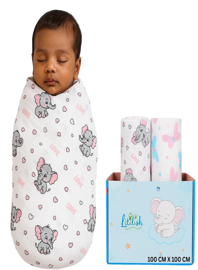 Litilish Baby Muslin Swaddle Blankets - Pack of 2 - 100% Cotton Muslin Baby Swaddle Set, Bath Towel, Size-100cm x 100cm - Newborn Swaddle Wraps - Elephant & Butterfly Print - Image 1
