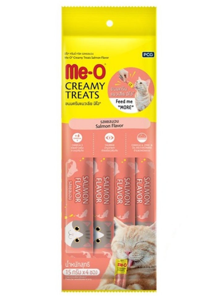 Me-O Cat Wet Treat With Salmon Flavor - 4x15g - Healthy Cat Snacks with Taurine, Omega-6, and Zinc, and Fiber For All Life Stages  - Image 1