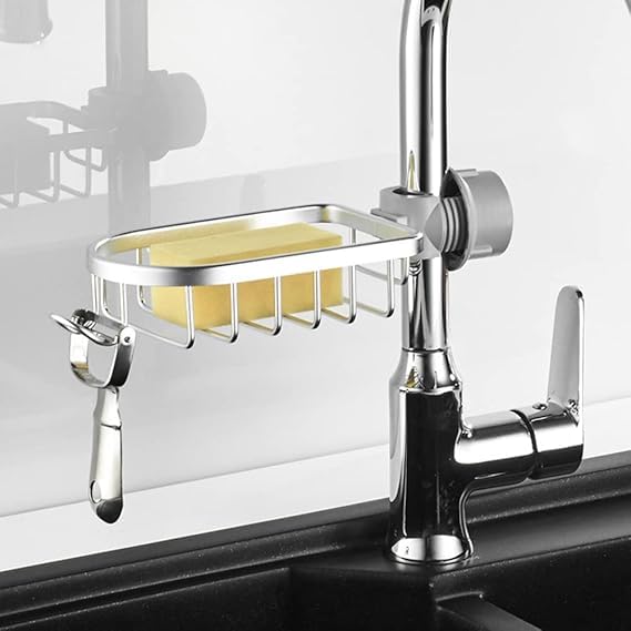 Jukmen Jukmen Stainless Steel Adjusting Multifunctional Over Kitchen Sink Caddy Clamp Faucet Sponge Scrubber Holder Storage Hanging Shelf Draining Bathroom Tap Shampoo Soap Organizer Rack Silver - Image 1