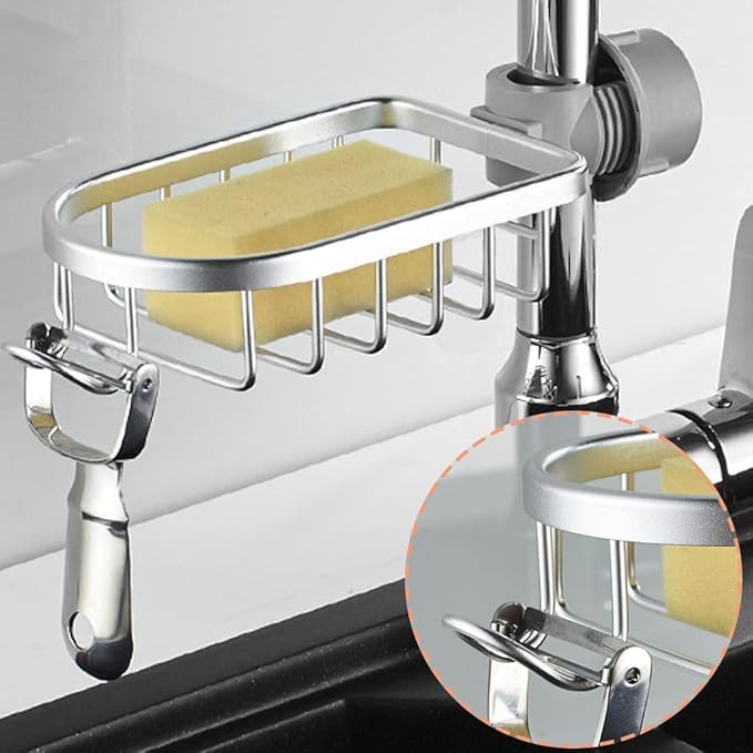 Jukmen Jukmen Stainless Steel Adjusting Multifunctional Over Kitchen Sink Caddy Clamp Faucet Sponge Scrubber Holder Storage Hanging Shelf Draining Bathroom Tap Shampoo Soap Organizer Rack Silver - Image 2