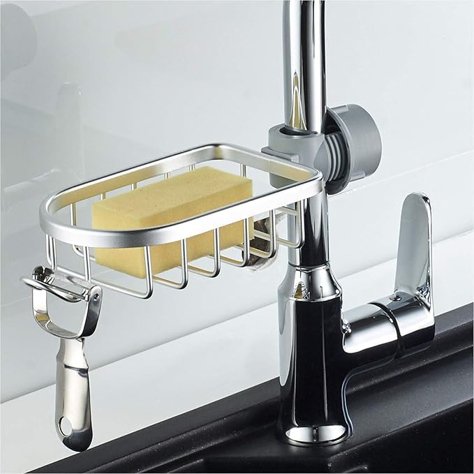 Jukmen Jukmen Stainless Steel Adjusting Multifunctional Over Kitchen Sink Caddy Clamp Faucet Sponge Scrubber Holder Storage Hanging Shelf Draining Bathroom Tap Shampoo Soap Organizer Rack Silver - Image 5
