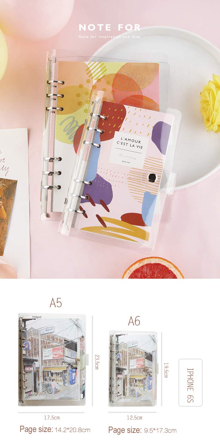 Zelten A6 A5 6-Holes Colorful PVC Cover Round Ring View Binder with Snap Button Closure File Folder for Loose Leaf Sheet Protectors Notebook Refill (Parfait Pink, A6 Combo) - Image 5