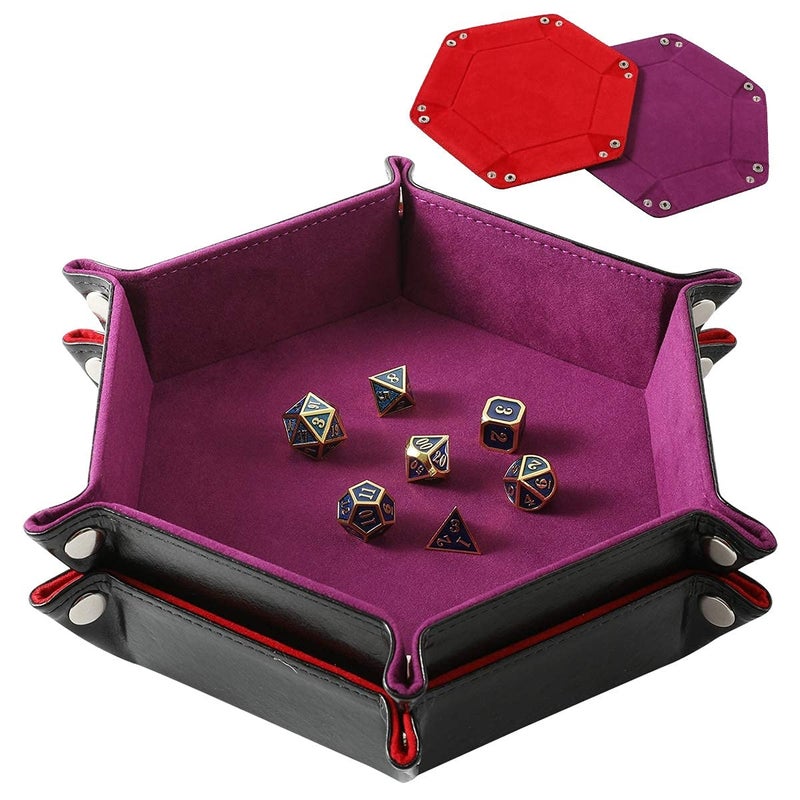 Grajar 2 Pcs Portable Folding Dice Rolling Tray Set for RPG DND Table Games PU Leather and Velvet Holder Storage Box Red and Violet - Image 2
