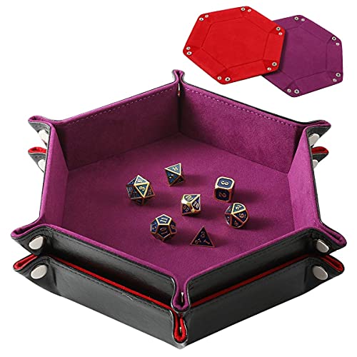 Grajar 2 Pcs Portable Folding Dice Rolling Tray Set for RPG DND Table Games PU Leather and Velvet Holder Storage Box Red and Violet - Image 1