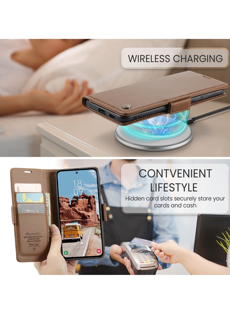 غطاء لهاتف Samsung Galaxy S25 FE، غطاء فليب من جلد PU مع حامل بطاقات، إغلاق مغناطيسي مقاوم لسرقة RFID، حامل قابل للطي، وغطاء واقٍ ممتص للصدمات - Image 4