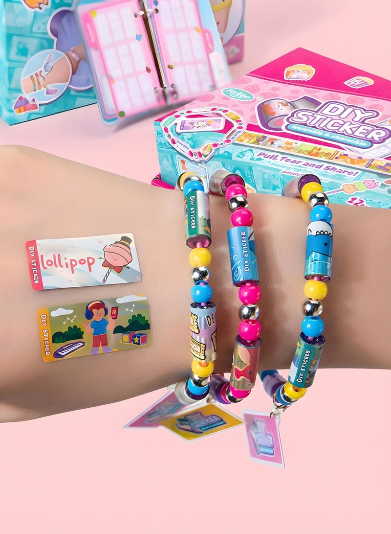 Chillspace Kids' Sticky Rolls Bracelet Kit, DIY Sticker Jewelry Toy Wearable Shareable, 32 Sticker Rolls Reusable 256 Stickers, Sticky Roll Bracelet Necklace Gift Kit with 6 Charms, 2 Pendants, Many Beads - Image 5
