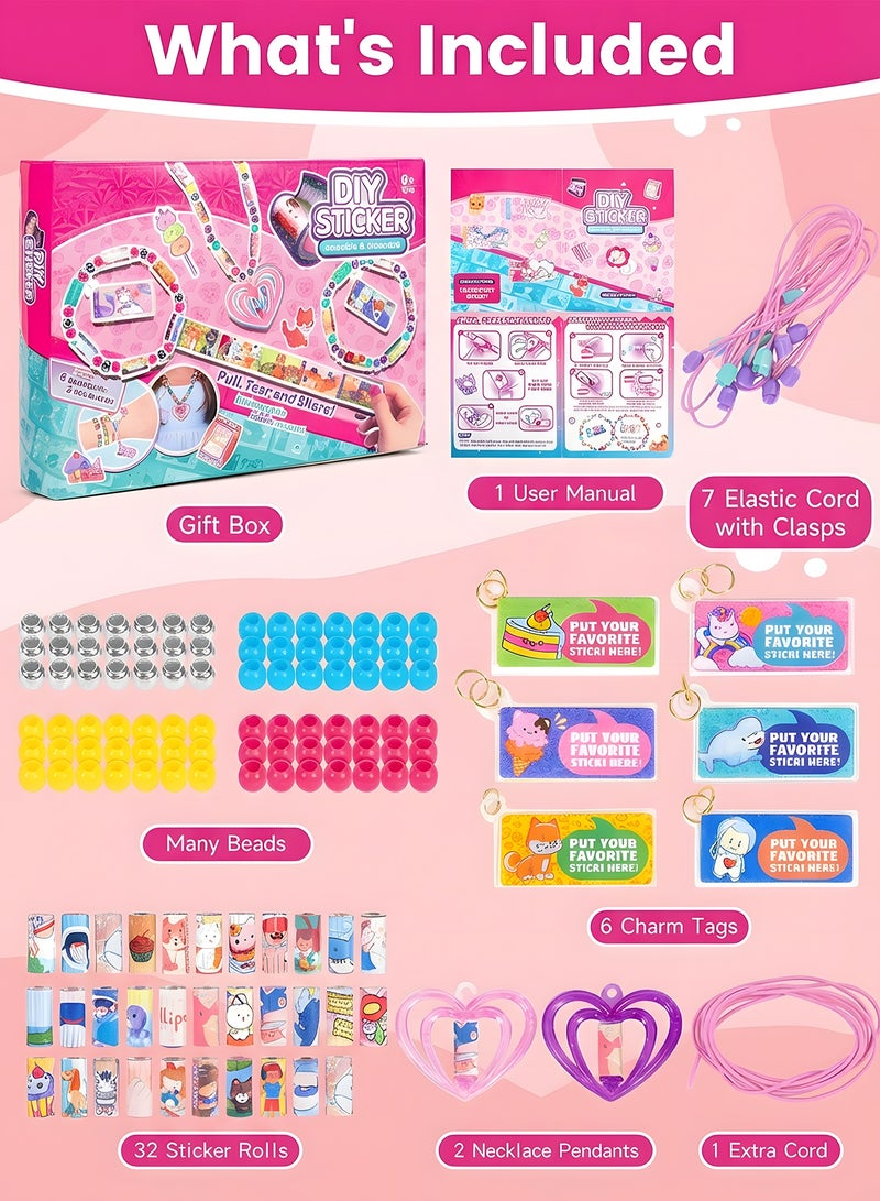 Chillspace Kids' Sticky Rolls Bracelet Kit, DIY Sticker Jewelry Toy Wearable Shareable, 32 Sticker Rolls Reusable 256 Stickers, Sticky Roll Bracelet Necklace Gift Kit with 6 Charms, 2 Pendants, Many Beads - Image 2
