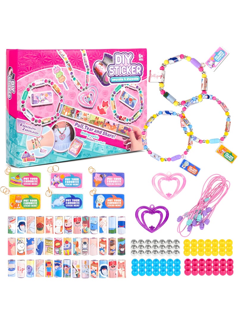 Chillspace Kids' Sticky Rolls Bracelet Kit, DIY Sticker Jewelry Toy Wearable Shareable, 32 Sticker Rolls Reusable 256 Stickers, Sticky Roll Bracelet Necklace Gift Kit with 6 Charms, 2 Pendants, Many Beads - Image 1