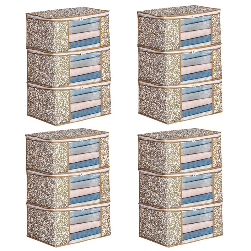 AMAK INC AMAK INC Non Woven Saree Cover With Zip Clothes Storage Bag Wardrobe Cloth Packing Organizer Large Transparent Window Garment Protector Covers Printed Design Combo Saree Bags Beige Pack Of 12 - Image 1