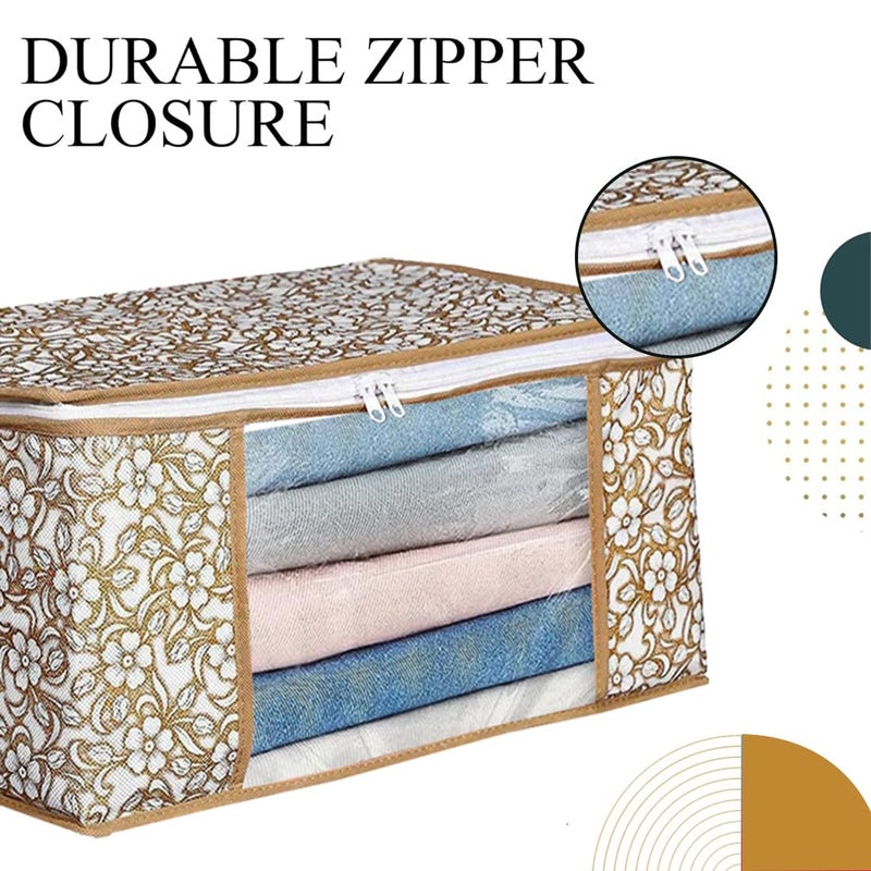 AMAK INC AMAK INC Non Woven Saree Cover With Zip Clothes Storage Bag Wardrobe Cloth Packing Organizer Large Transparent Window Garment Protector Covers Printed Design Combo Saree Bags Beige Pack Of 12 - Image 5