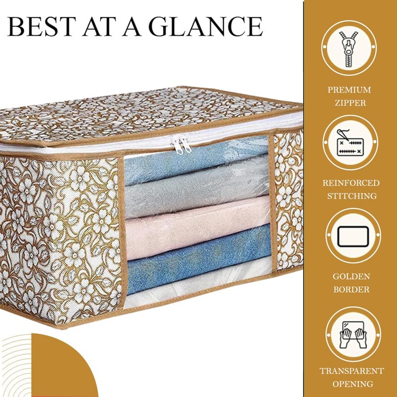 AMAK INC AMAK INC Non Woven Saree Cover With Zip Clothes Storage Bag Wardrobe Cloth Packing Organizer Large Transparent Window Garment Protector Covers Printed Design Combo Saree Bags Beige Pack Of 12 - Image 4