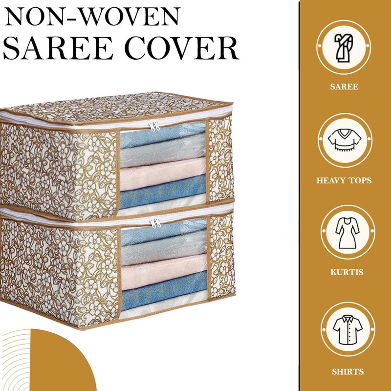 AMAK INC AMAK INC Non Woven Saree Cover With Zip Clothes Storage Bag Wardrobe Cloth Packing Organizer Large Transparent Window Garment Protector Covers Printed Design Combo Saree Bags Beige Pack Of 12 - Image 2