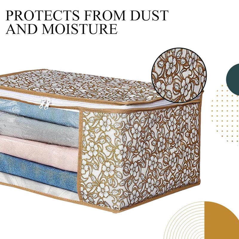 AMAK INC AMAK INC Non Woven Saree Cover With Zip Clothes Storage Bag Wardrobe Cloth Packing Organizer Large Transparent Window Garment Protector Covers Printed Design Combo Saree Bags Beige Pack Of 12 - Image 3